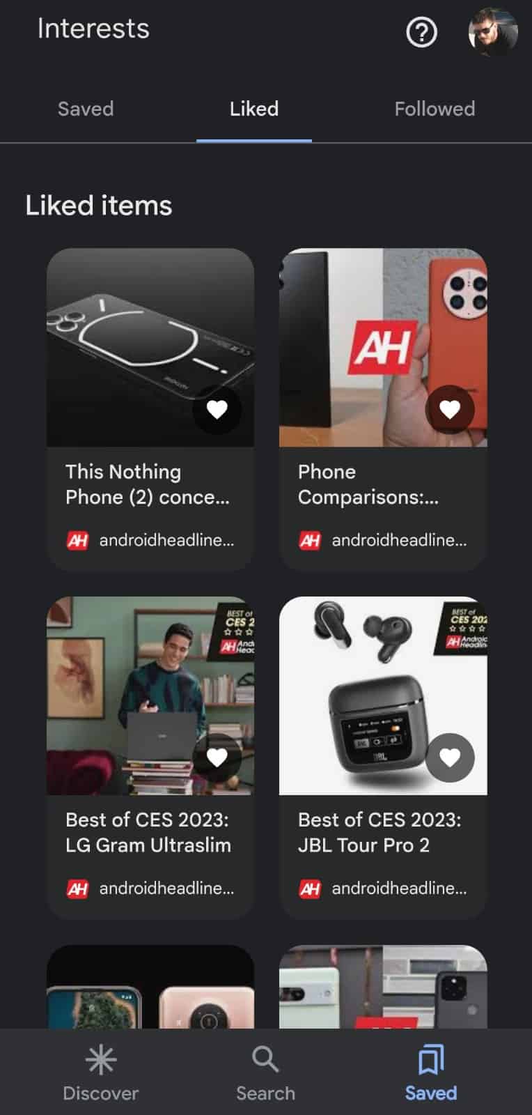 Screenshot van Google Discover-gelikete artikelen