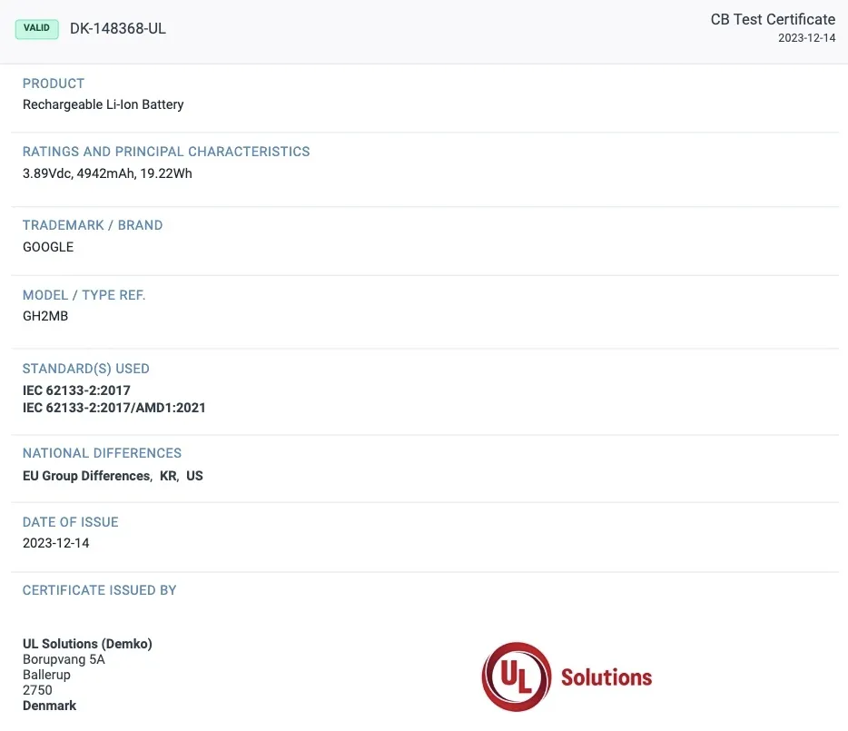 Mogelijke Pixel 8a-batterijcertificering