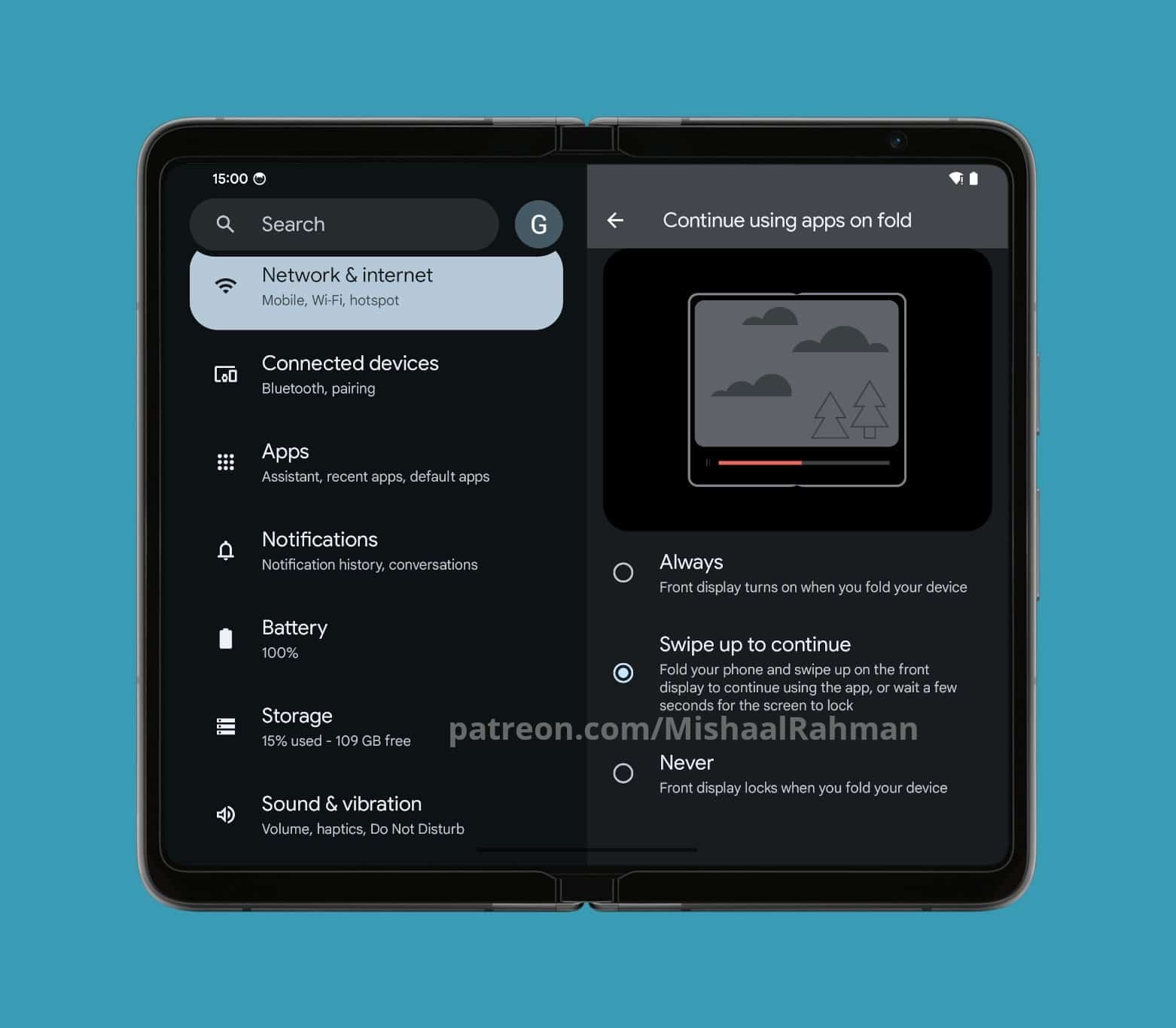 Google Pixel Fold veeg omhoog app-continuïteitsgebaar Android 15 testen