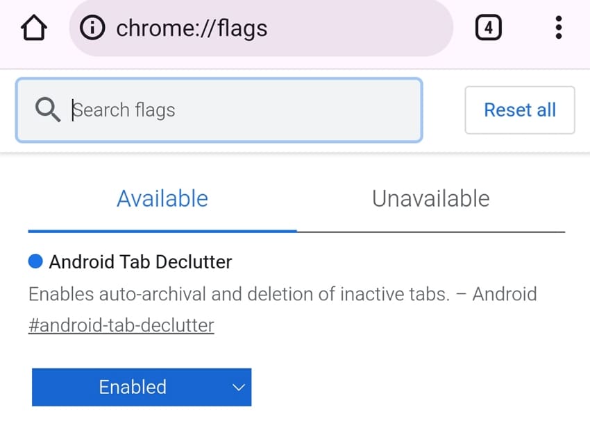 Vlag voor het opruimen van Android-tabbladen in Chrome-vlaggen.