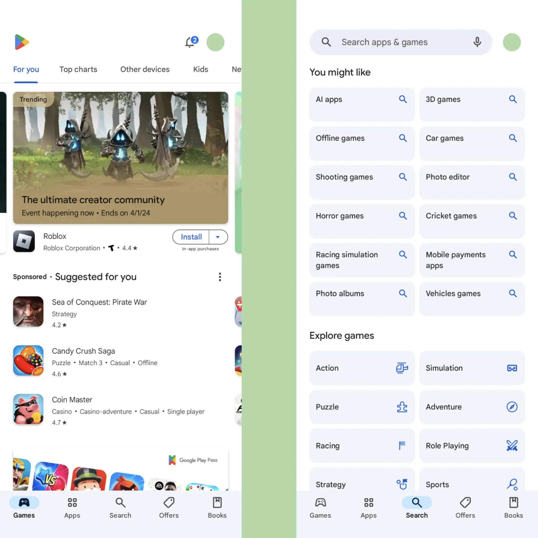 Google Play Store Nieuw tabblad Zoeken