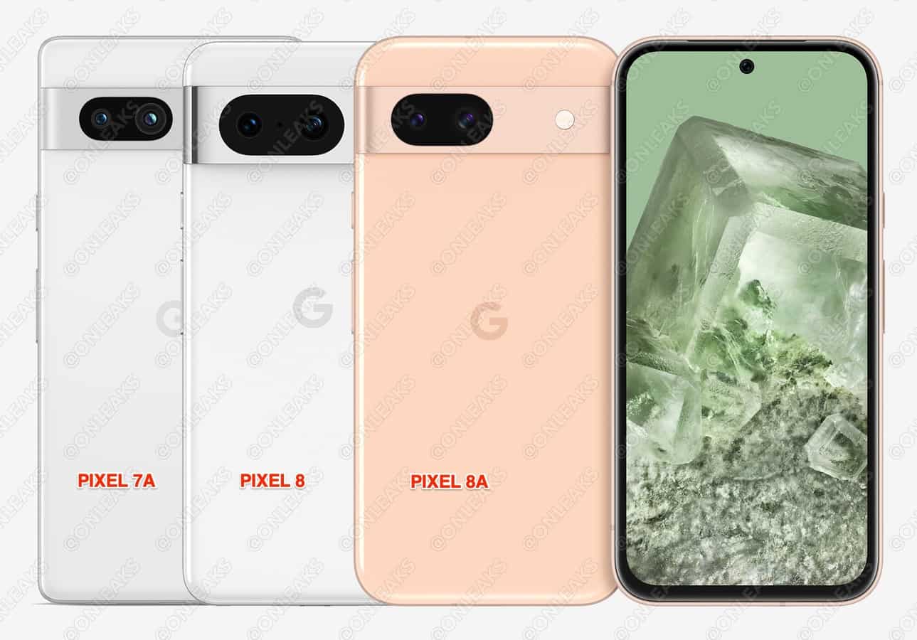 Google Pixel 8a poseert met Pixel 8 en Pixel 7a