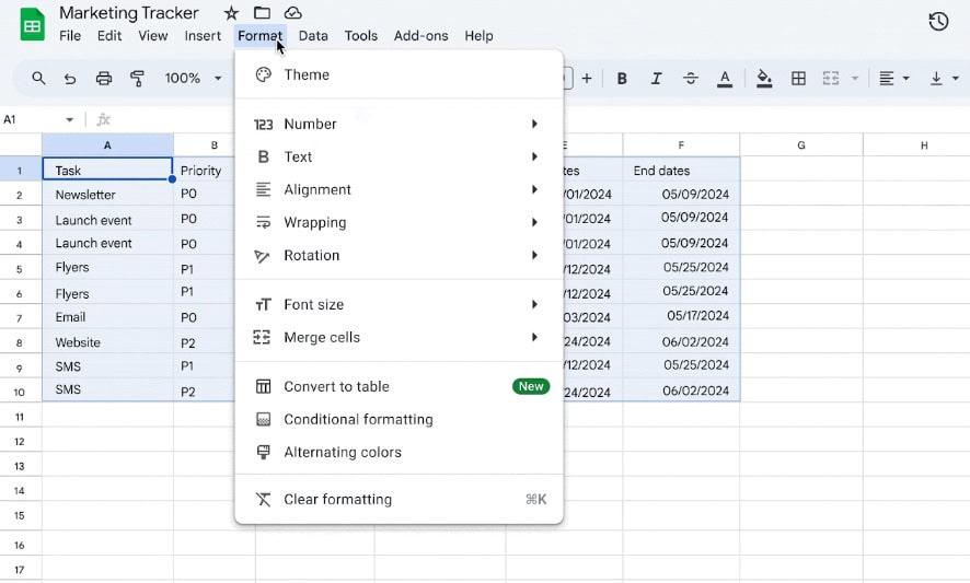 Google Spreadsheets converteert cellen naar tabellen