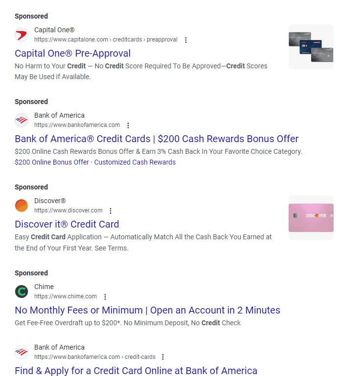 Google Creditcard Zoekresultaten