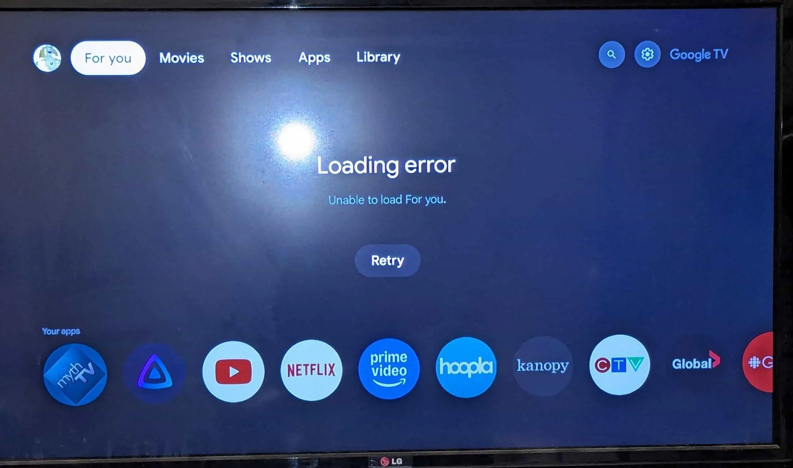 Fout bij het laden van het startscherm van Google TV