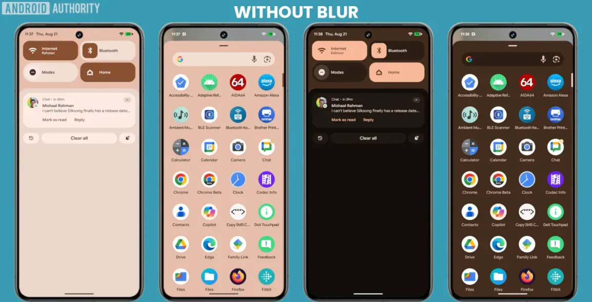 Android Material 3 Expressive UI Pixels schakel de achtergrond vervaging uit