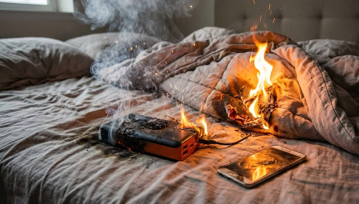 Power Bank explodeert plotseling op een bed