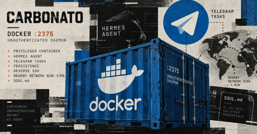 Carbonato Botnet compromitteert Docker-hosts om door Telegram bestuurde Hermes AI-agent in te zetten