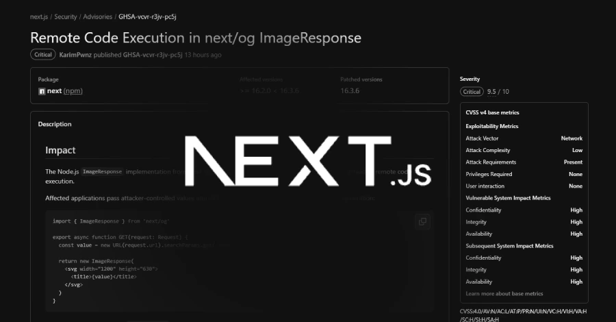 Kritieke Next.js ImageResponse-fout kan leiden tot uitvoering van servercode via ambachtelijke SVG-invoer
