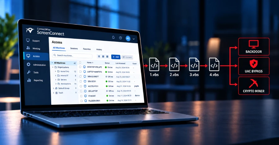 Rogue ScreenConnect-clients verspreiden een vierfasige VBScript-keten naar nieuw aangesloten hosts