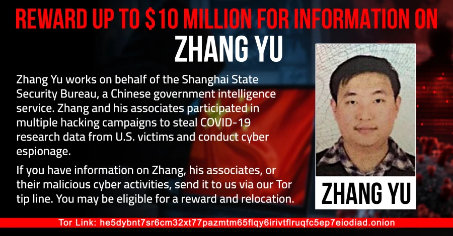 VS biedt tot $ 10 miljoen voor tips over Zhang Yu, aangeklaagd voor HAFNIUM-hacks